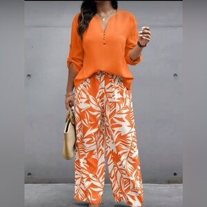 2Pcs Orange and White Patterned Women's Pants